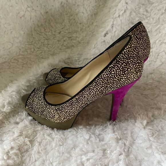 Enzo Angiolini leather calf hair beige and brown platform mauve suede heelsSZ8.5 - Picture 1 of 10
